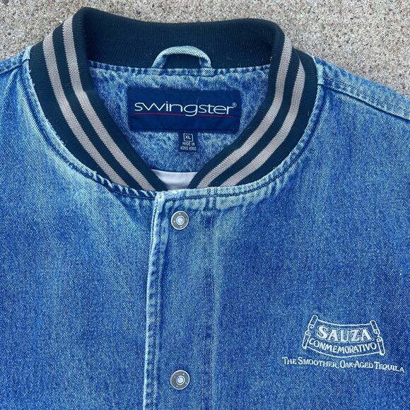 Vintage 90s Denim Jean Varsity Bomber Jacket Swingster | Size XL - Picture 5 of 11
